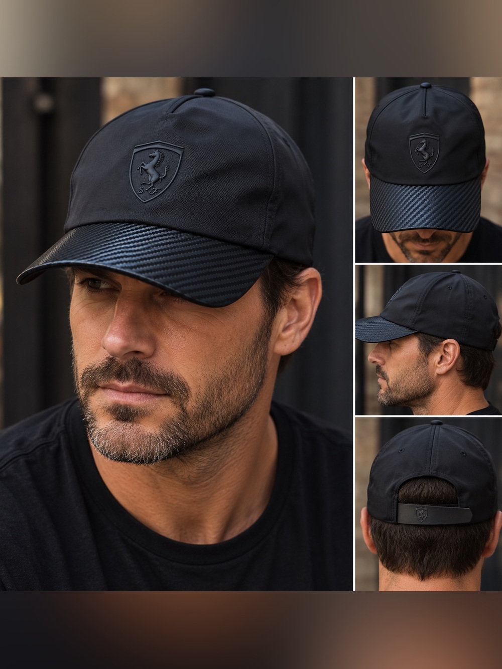 Ferrari Scuderia Black Carbon Fiber Look Adjustable Baseball Cap Hat - Picture 1 of 6